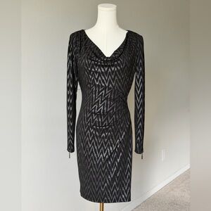 Sexy Cache Black & Silver Mini Zigzag Stretch Zipper Accents Long Sleeve Dress-S